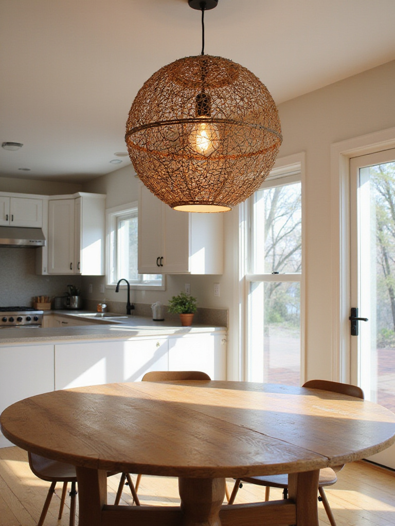 Modern kitchen with a wooden table and sculptural metal statement pendant light.