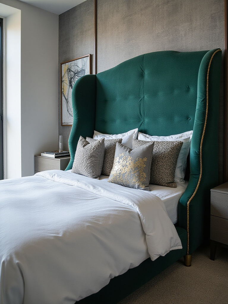 Modern bedroom featuring a luxurious emerald green velvet statement headboard.