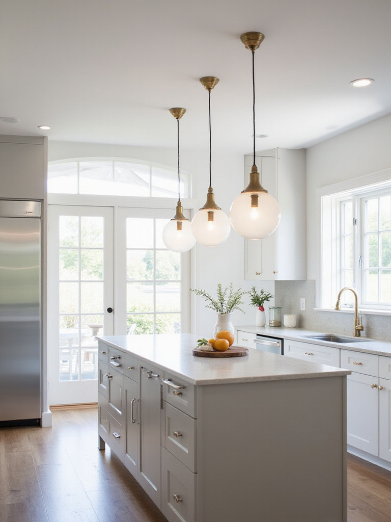 Modern kitchen interior featuring a kitchen island illuminated by globe-shaped pendant lights.