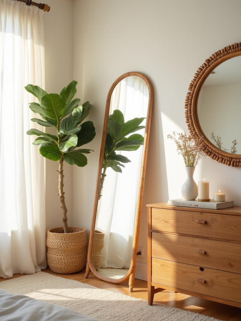 Boho bedroom corner featuring a rattan framed floor mirror and a beaded framed mirror above a dresser.