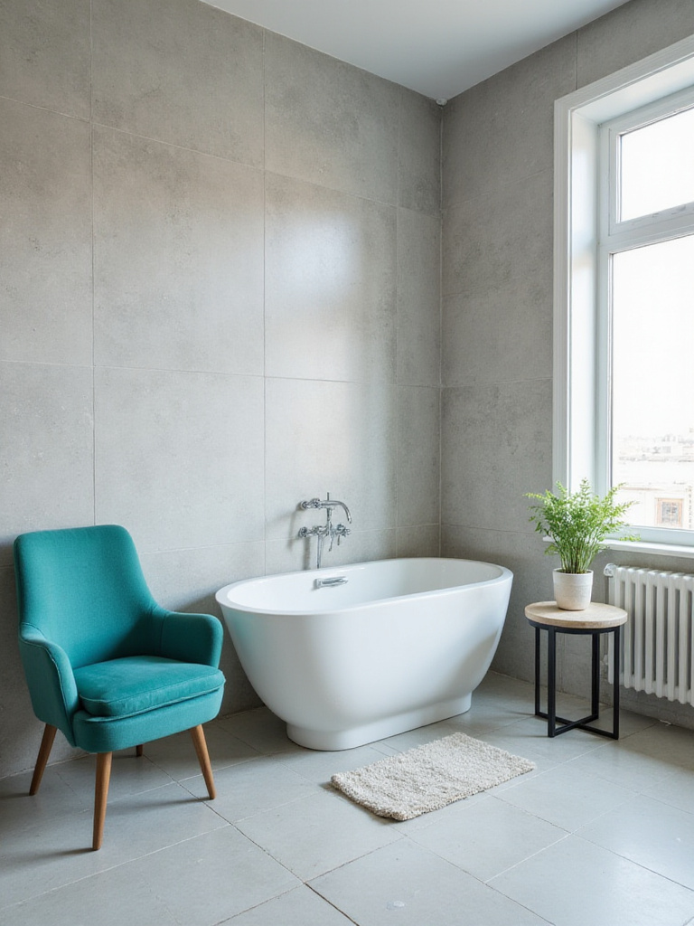 Modern bathroom with a teal mid-century modern chair as a statement piece.