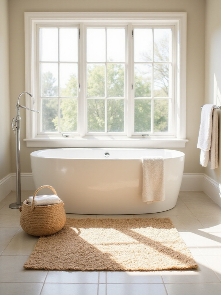 Natural jute rug in a minimalist bathroom with a freestanding bathtub