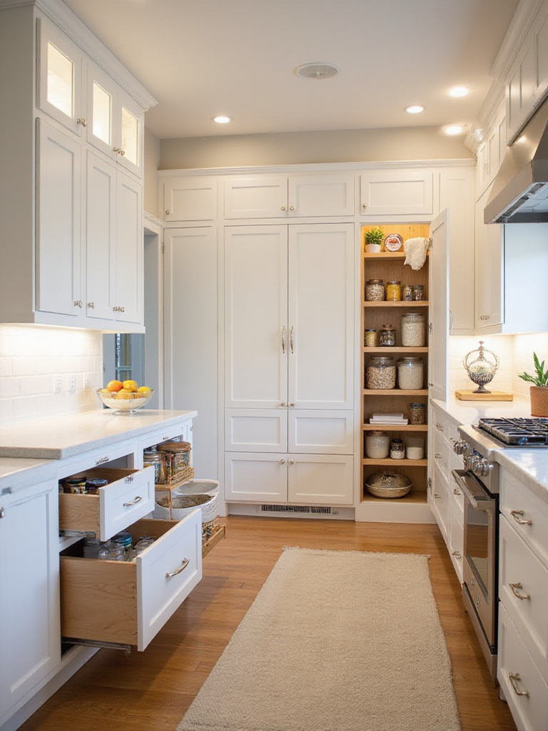 Modern kitchen featuring smart storage solutions including pull-out drawers, pantry organization, and maximizing vertical space.