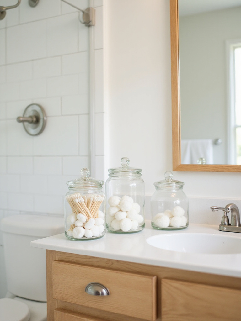 Decorative glass jars holding cotton swabs and cotton balls on a bathroom vanity.