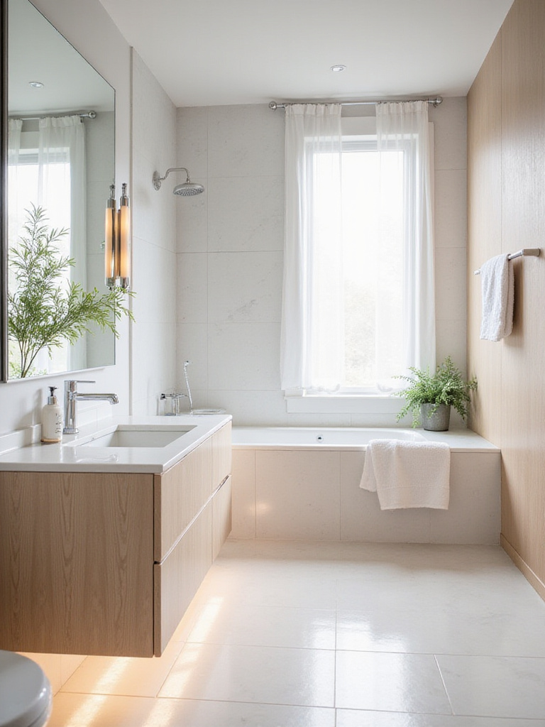 Small bathroom design featuring strategic lighting to maximize space and create an airy feel.