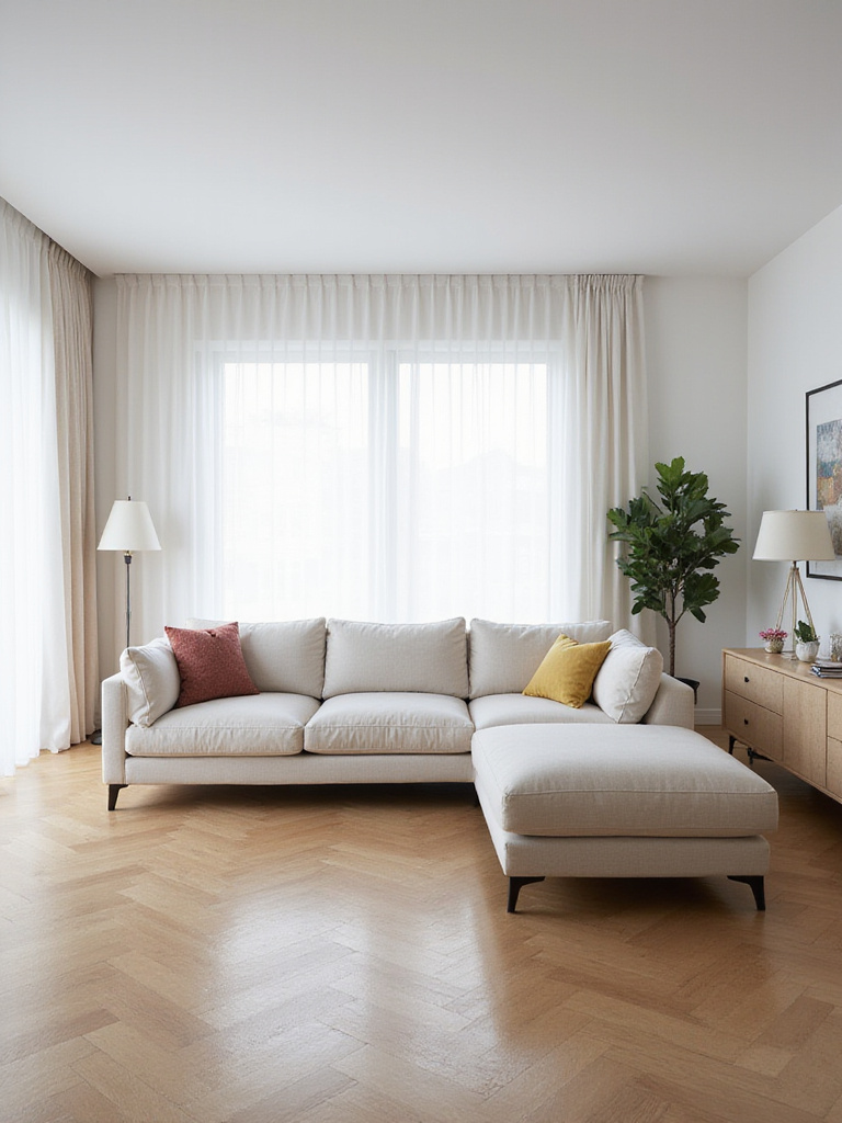 Living room layout with sectional sofa floating in the center of the room.