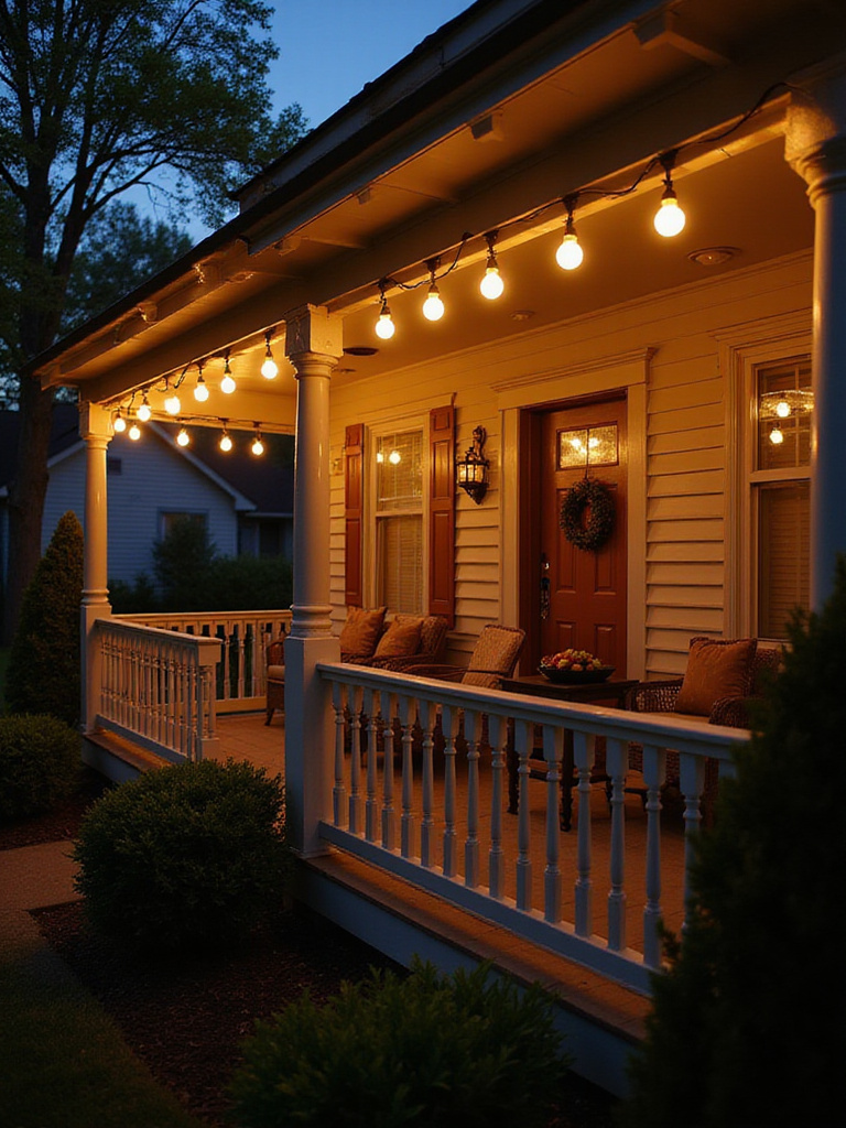 Front porch illuminated by warm, inviting string lights at dusk