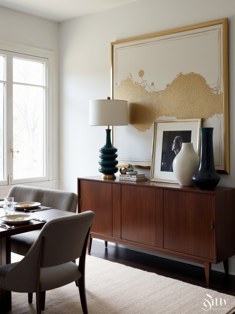 Dining room with modern dark wood sideboard featuring decorative vases, a lamp, and abstract art above.