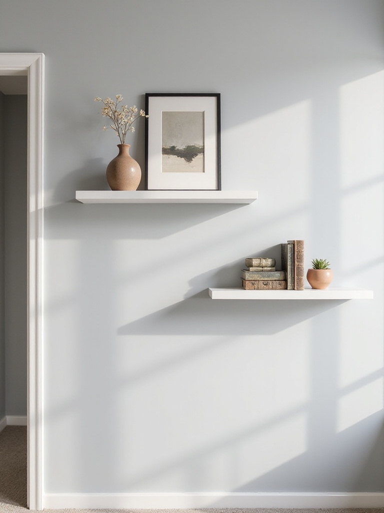 Modern bedroom with white floating shelves displaying art and decor.