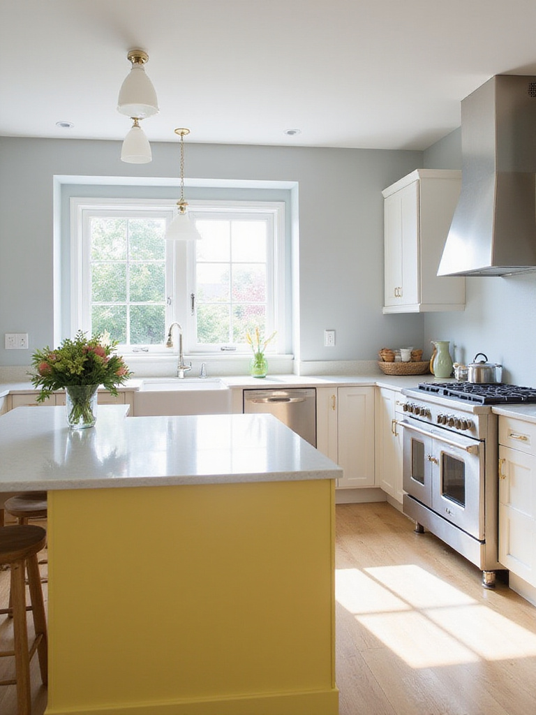 Kitchen with gray walls and a sunny yellow kitchen island.