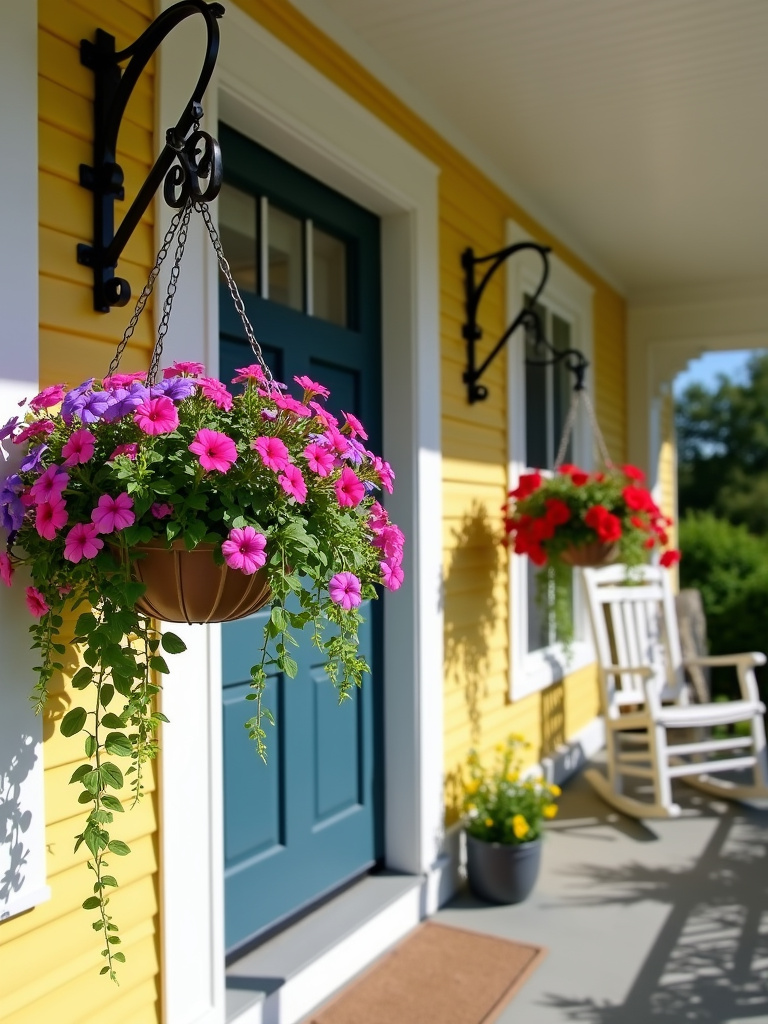 Hanging baskets filled with colorful flowers enhance front porch curb appeal.