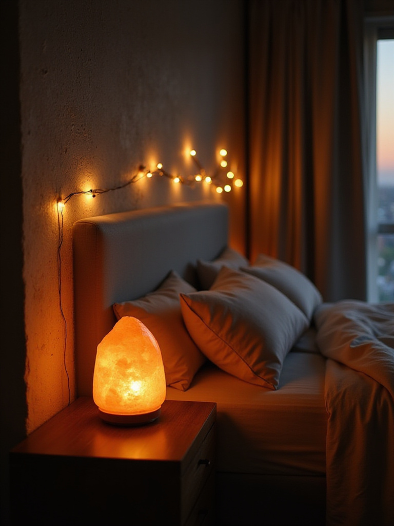 Warmly lit bedroom with a Himalayan salt lamp and fairy lights creating a gentle, comforting atmosphere.