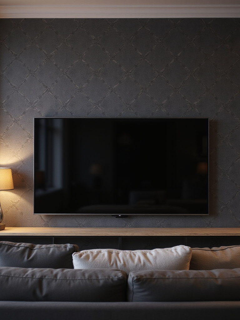 Living room with geometric wallpaper accent wall behind TV