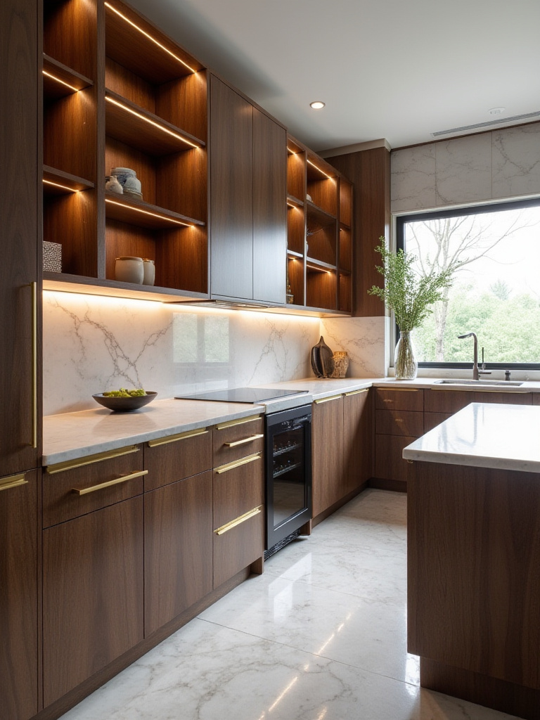 Modern luxury kitchen with custom walnut cabinetry and marble countertops