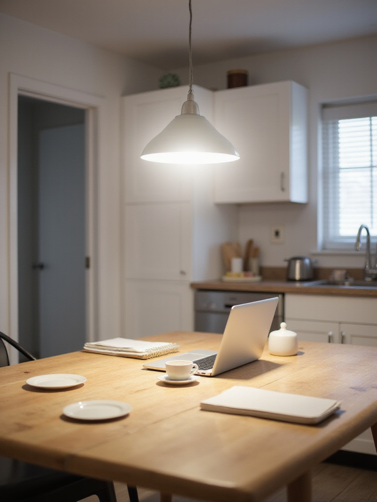 Modern kitchen table with a brushed nickel pendant light providing bright, focused task lighting for dining and workspace