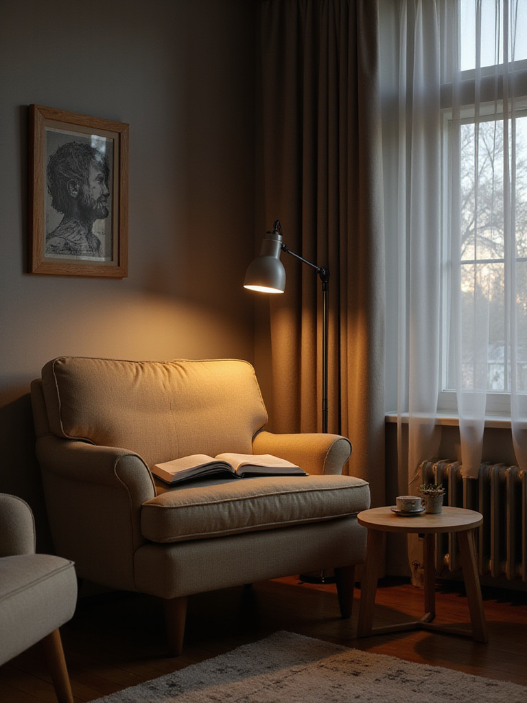 Modern living room with a well-lit reading nook featuring a floor lamp.