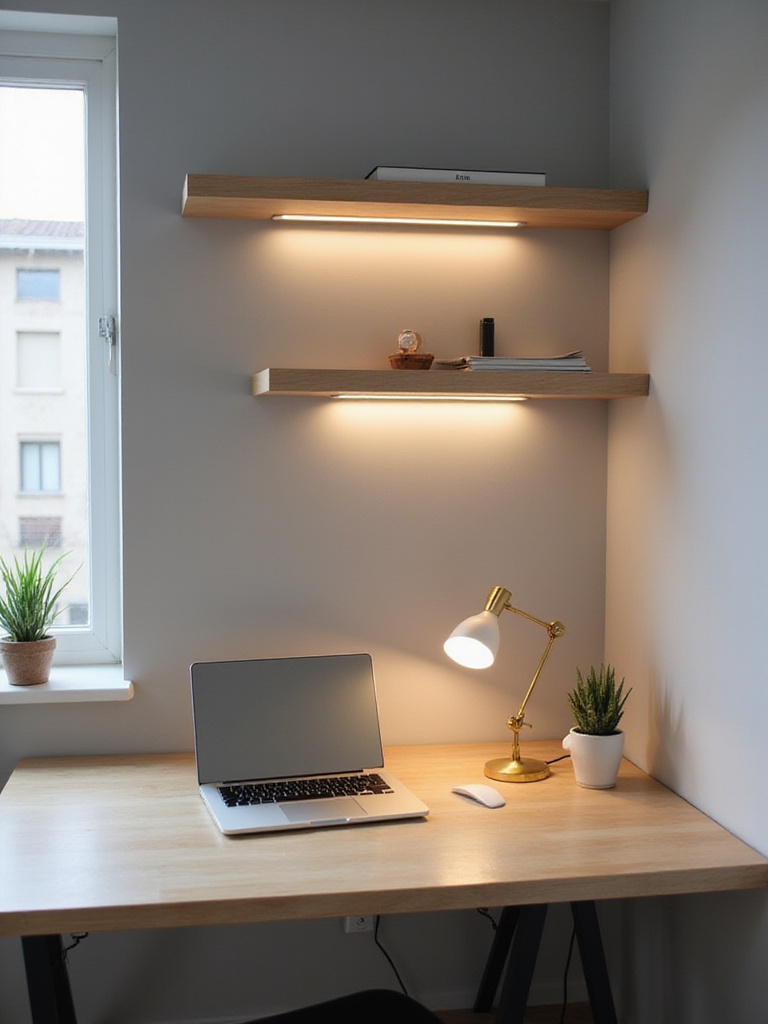 Modern bedroom desk area with focused task lighting and ambient LED strip lighting.