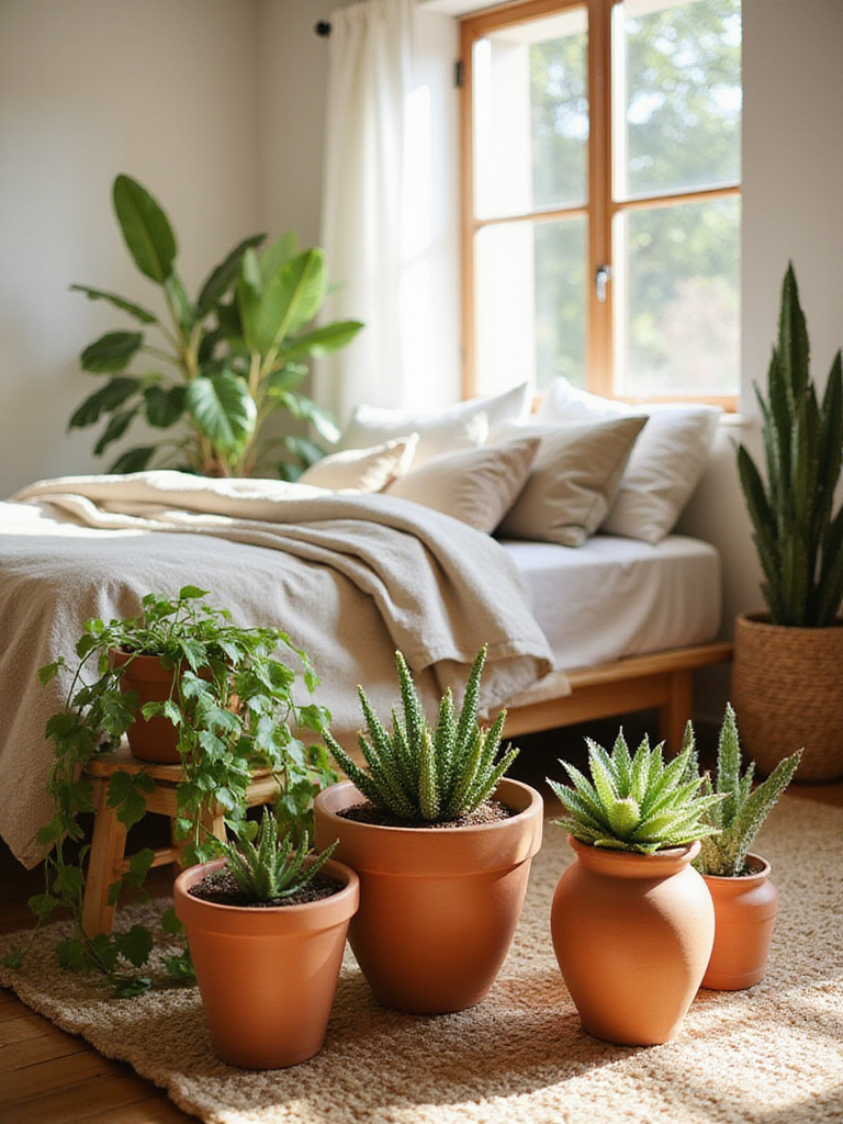 Terracotta pots with plants in a boho bedroom.
