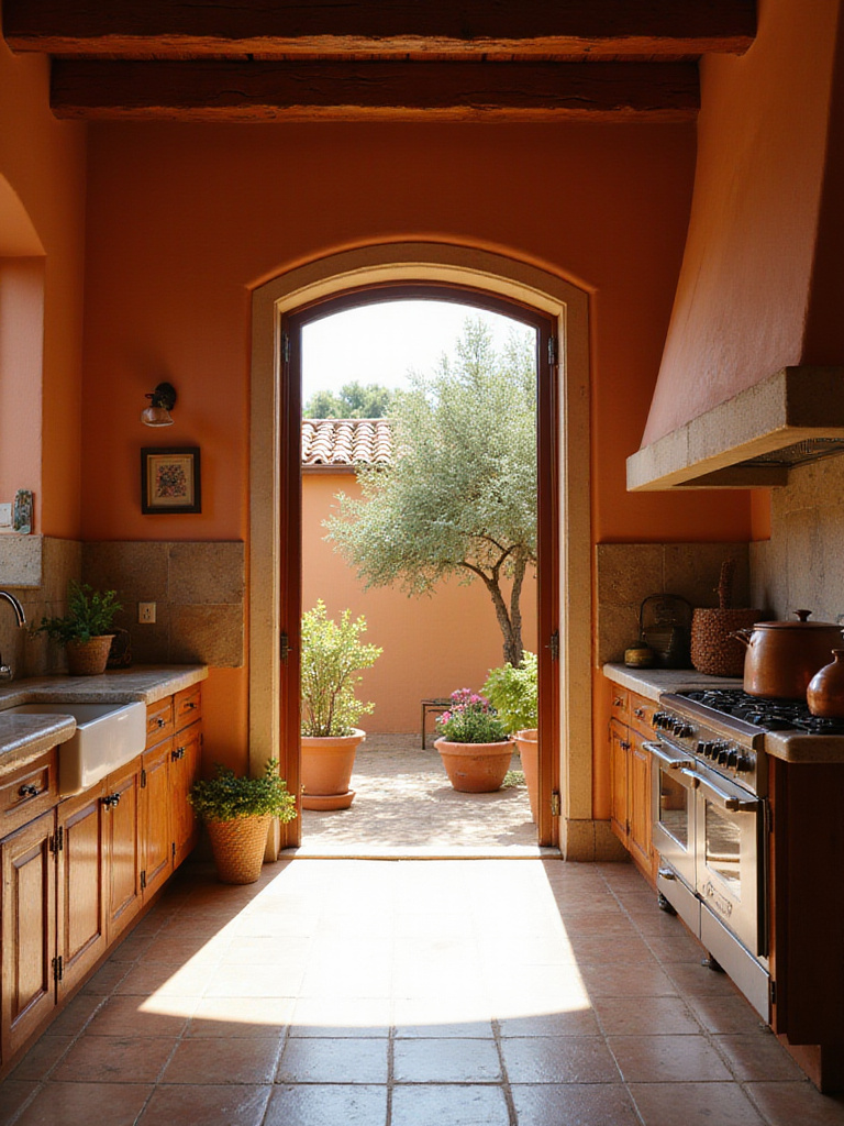 Mediterranean kitchen with terracotta walls, wood cabinets, and stone countertops.