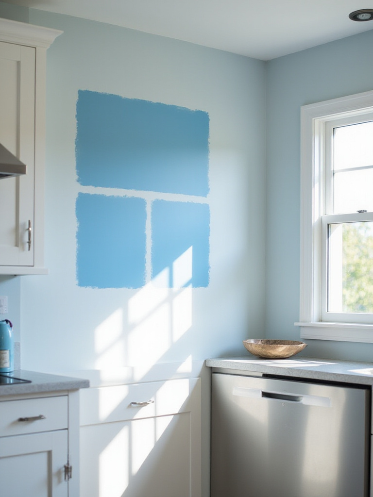 Kitchen wall with three different shades of blue paint swatches being illuminated by natural sunlight.