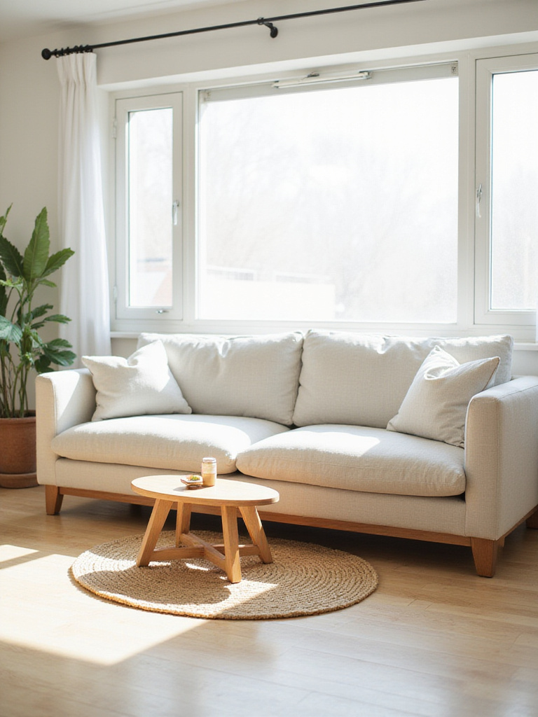Eco-friendly living room with a sustainable linen couch, hardwood floor, and jute rug.