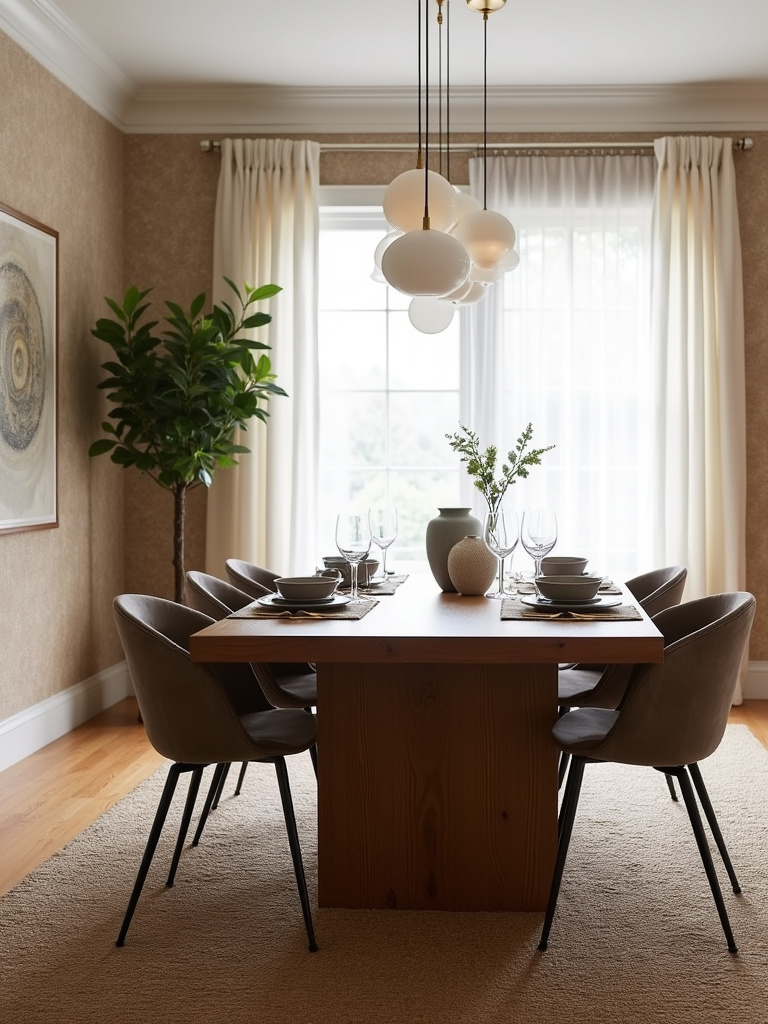 Dining room with layered textures: wood table, velvet chairs, textured rug, and grasscloth wallpaper.
