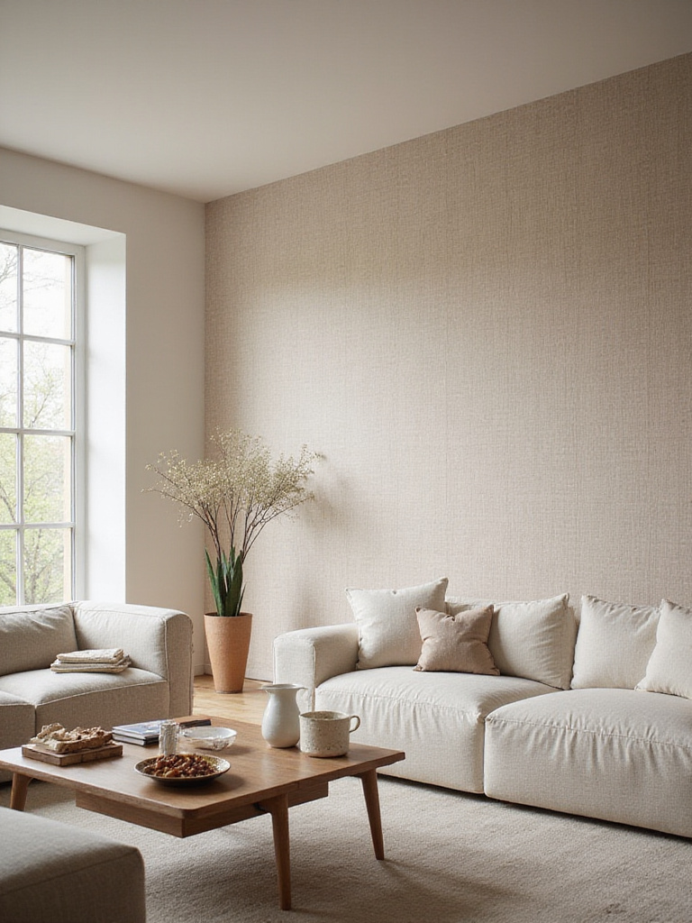 Living room with textured wallpaper accent wall.