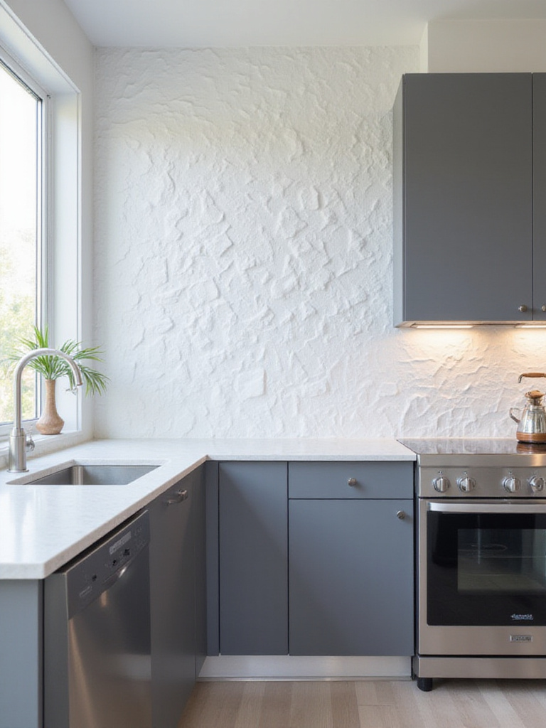 Contemporary kitchen with white geometric 3D tile backsplash.