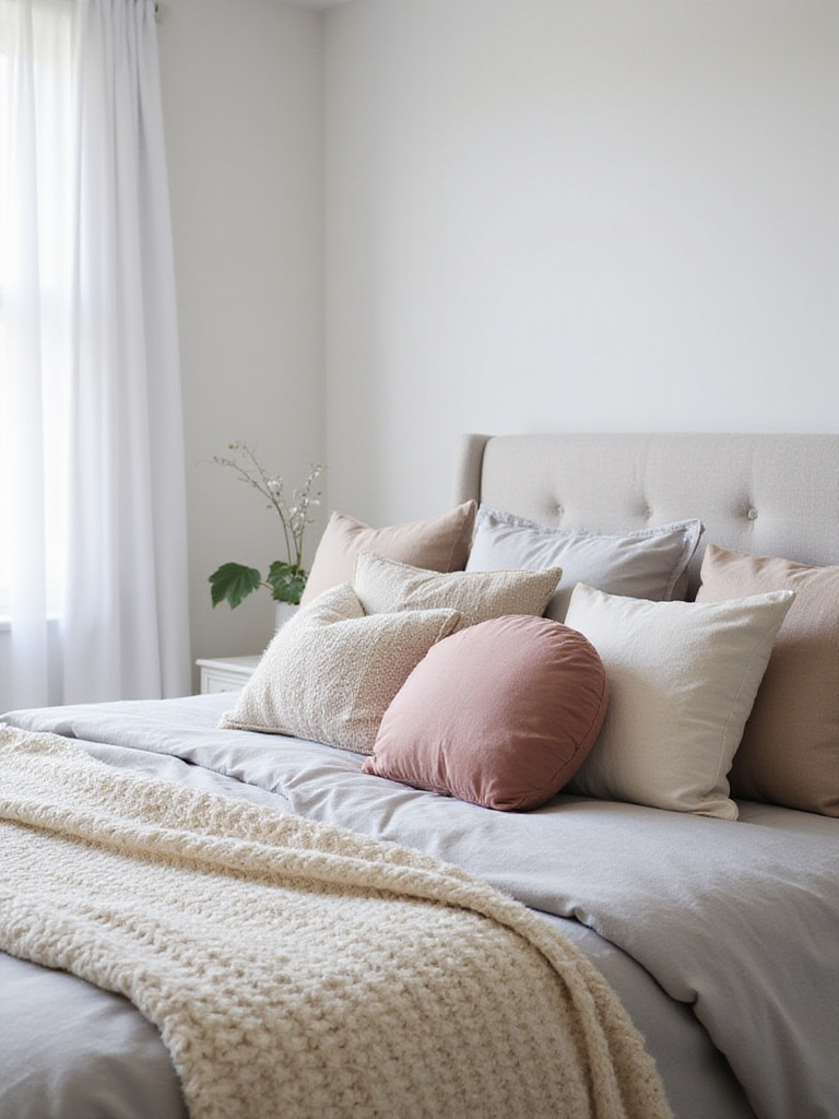 Textured bedding with layered linen, velvet, and knit fabrics creating a luxurious and inviting bedscape.