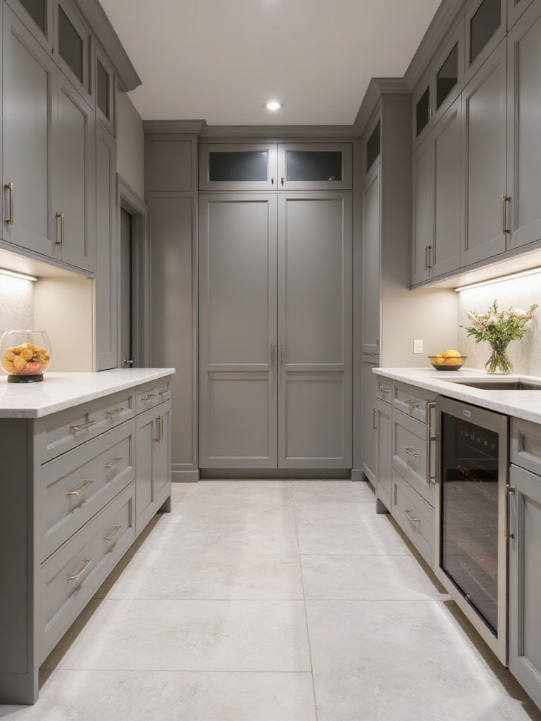 Modern luxury butler's pantry with integrated appliances and premium finishes.