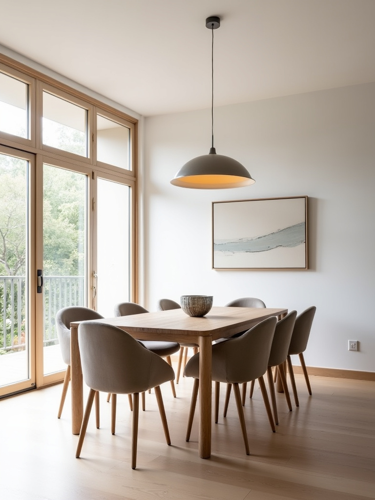 Modern dining room with rectangular light oak dining table and minimalist chairs.