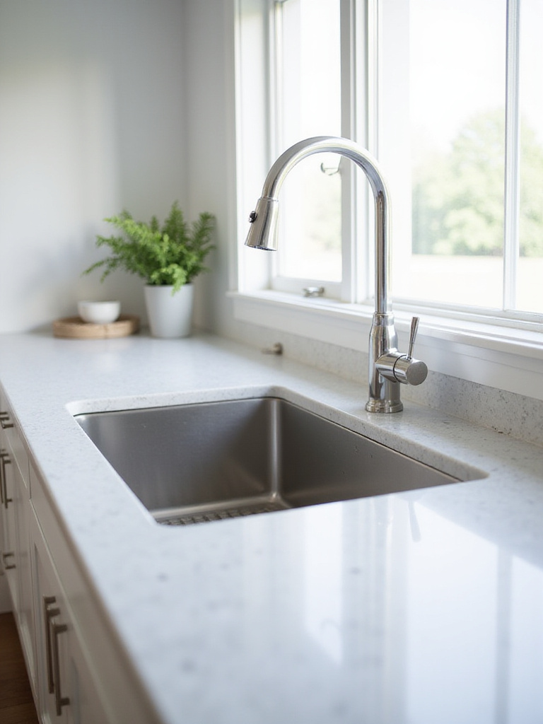 Modern farmhouse stainless steel sink in bright contemporary kitchen