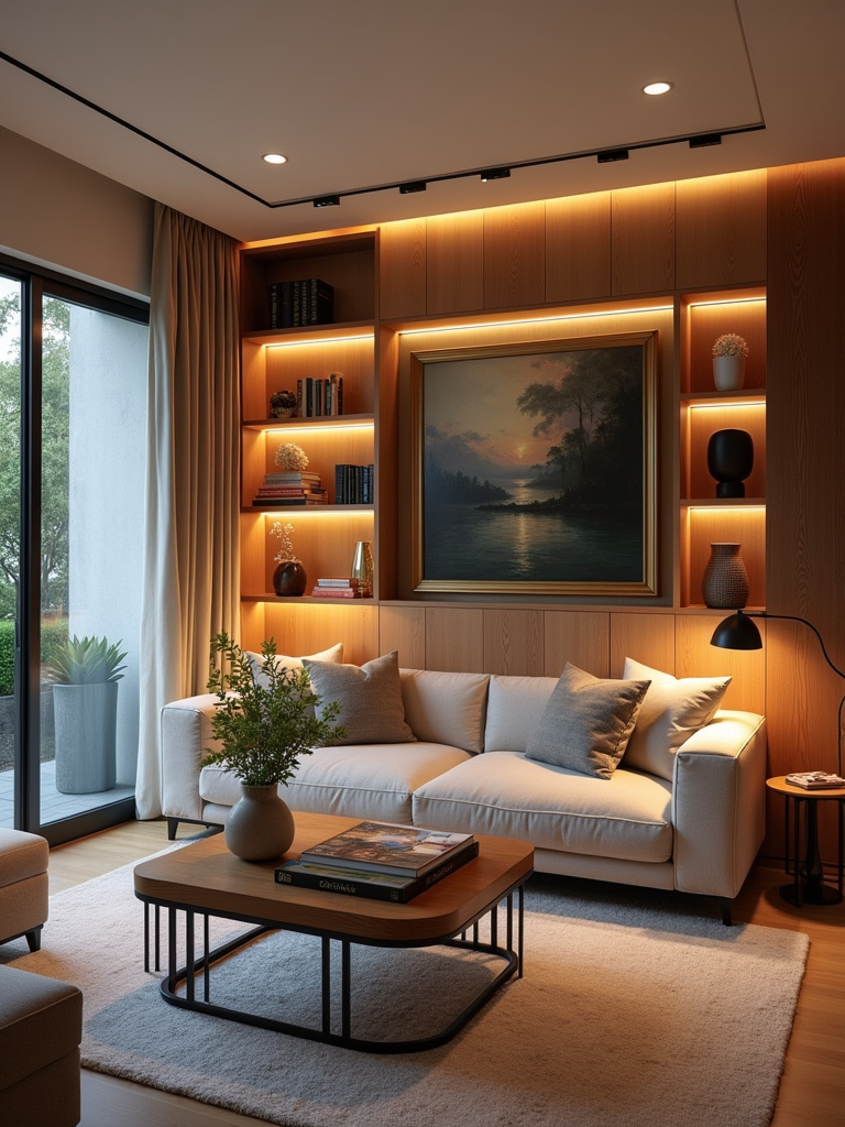 Living room with layered lighting including ambient, task, and accent lights creating a warm and inviting atmosphere.