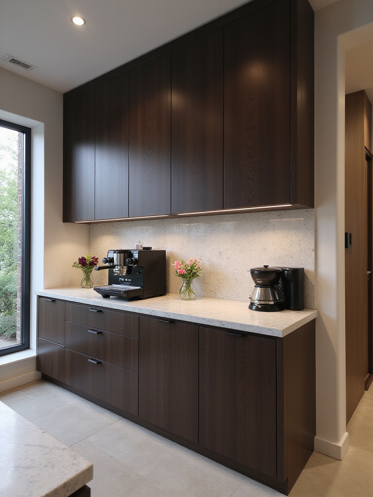 Luxurious modern kitchen coffee station with espresso machine and marble countertop.