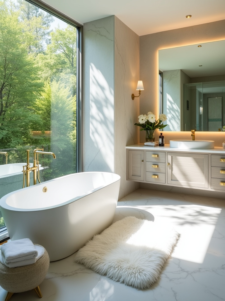 Luxurious bathroom retreat with freestanding tub and marble flooring