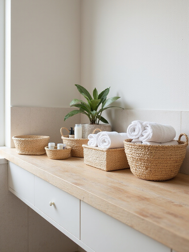 Bathroom vanity with woven baskets holding towels and toiletries for organized storage.