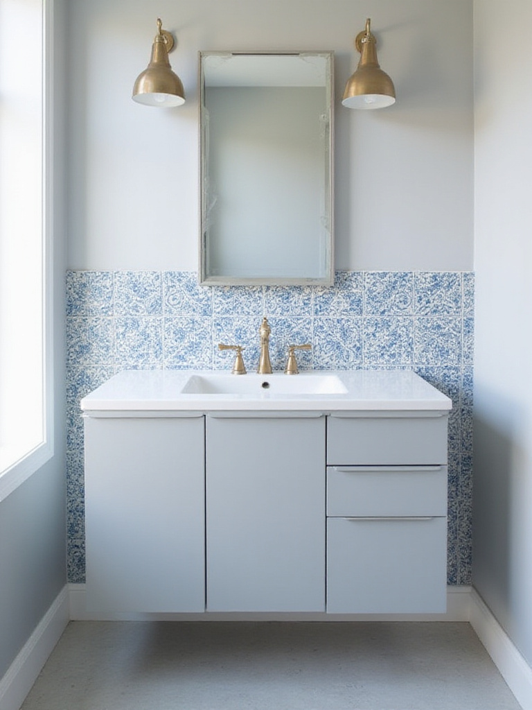 Modern bathroom with blue and white patterned tile backsplash behind a floating vanity.
