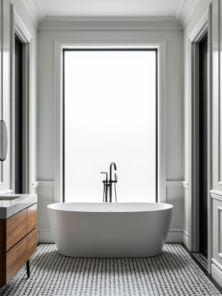 Black and white bathroom design with geometric tile and modern fixtures