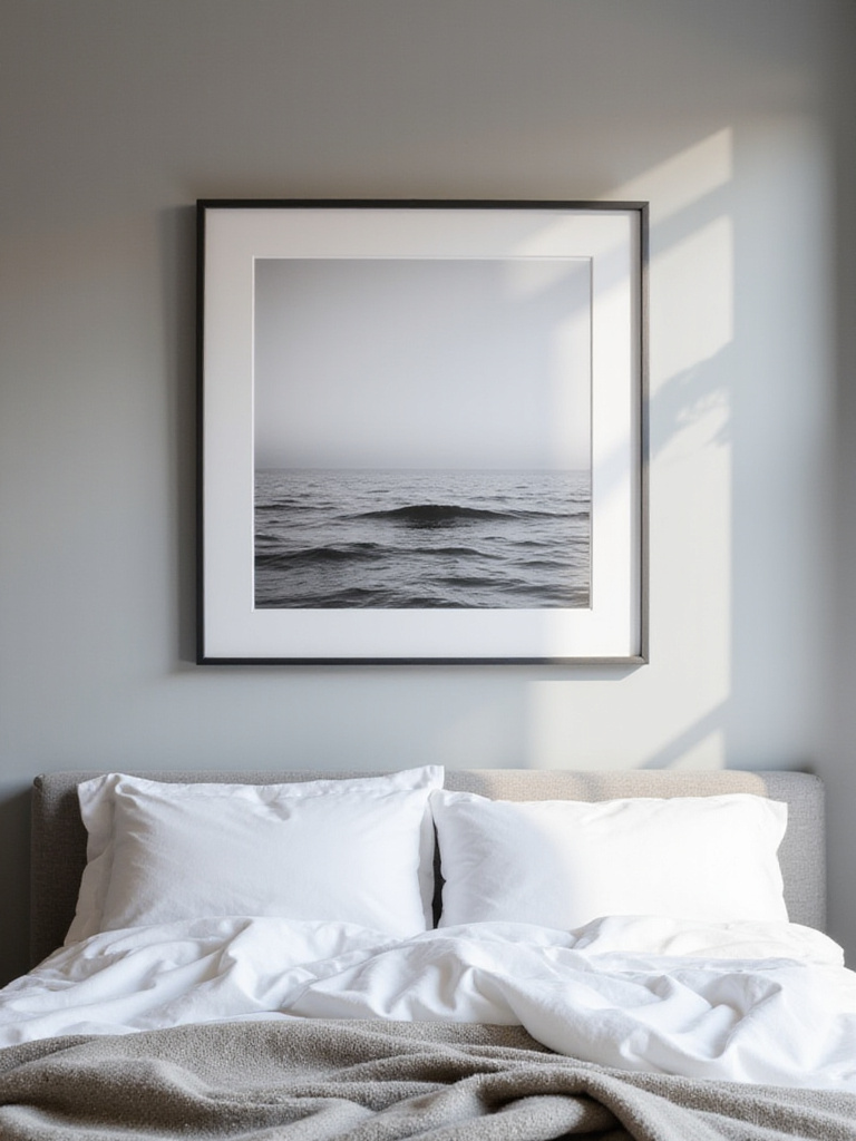 Modern bedroom with a large black and white seascape photograph above the bed.
