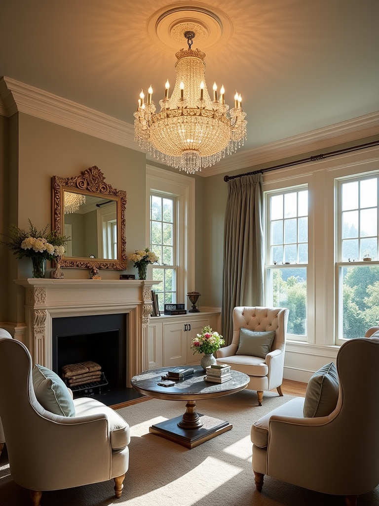 Traditional living room with crystal chandelier
