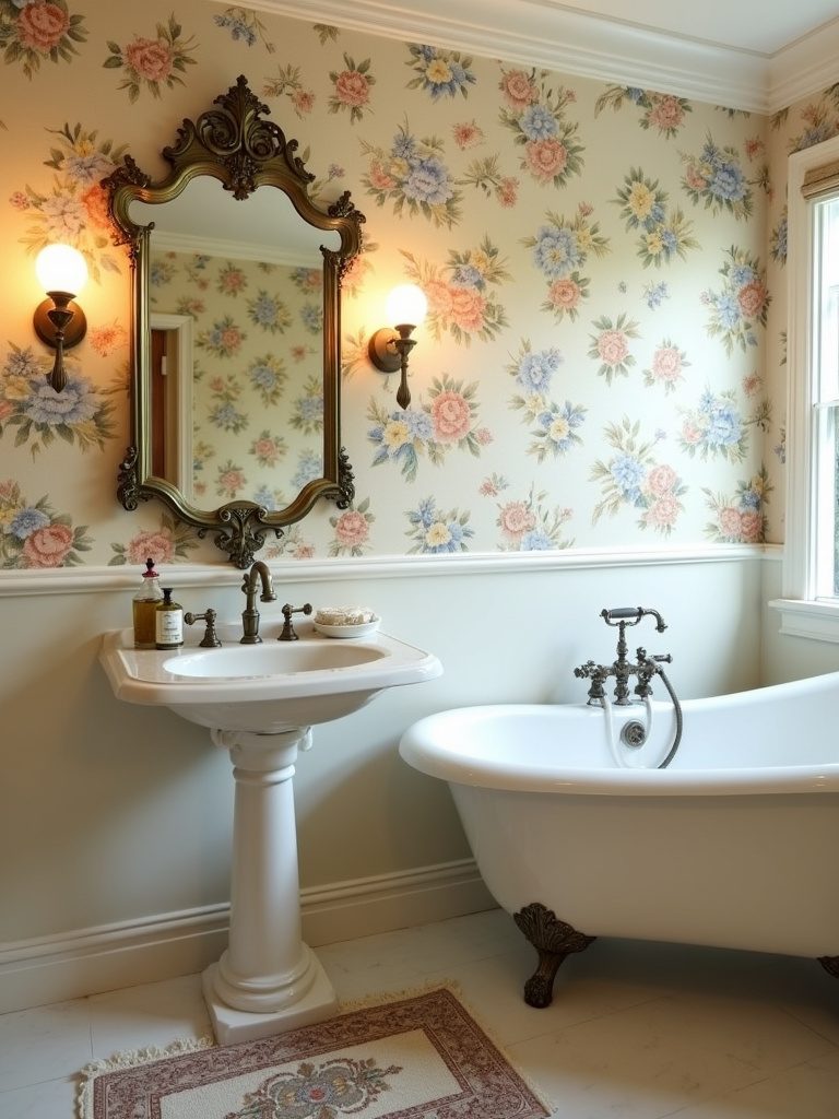 Vintage bathroom with clawfoot tub, pedestal sink, and antique mirror.
