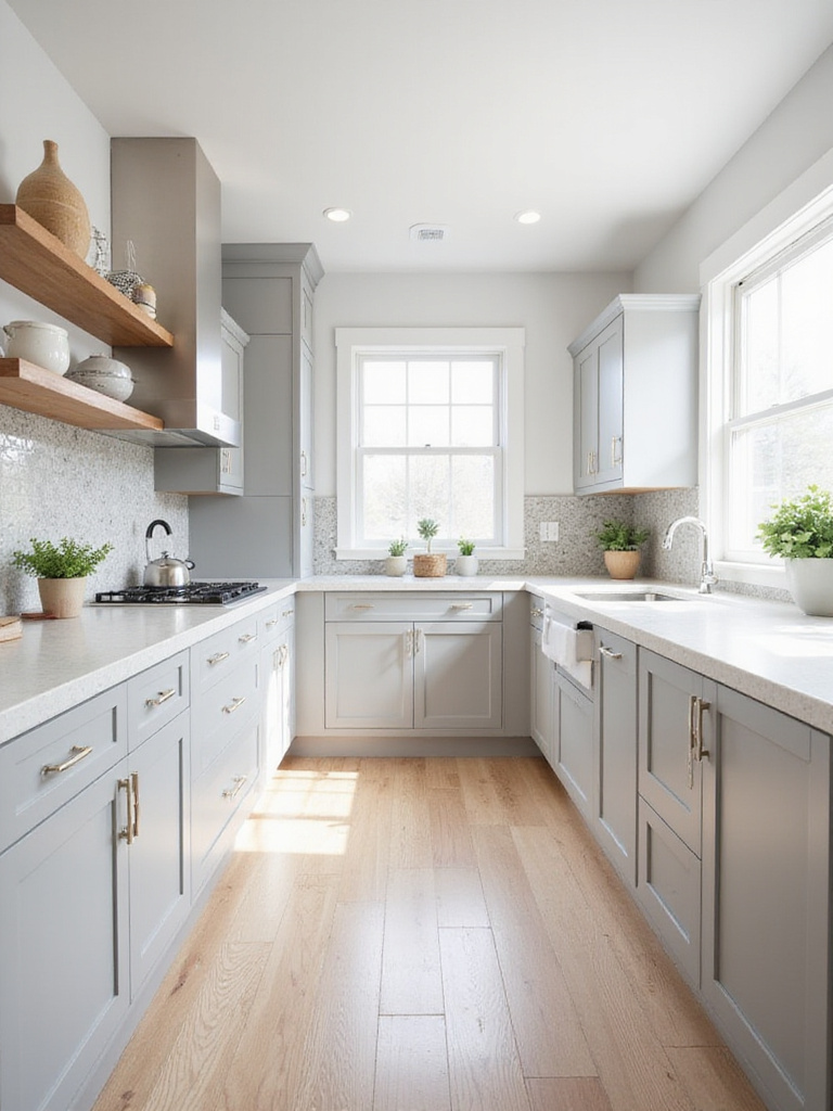 Contemporary kitchen featuring a timeless neutral color palette with light gray cabinets, white countertops, and natural wood accents.
