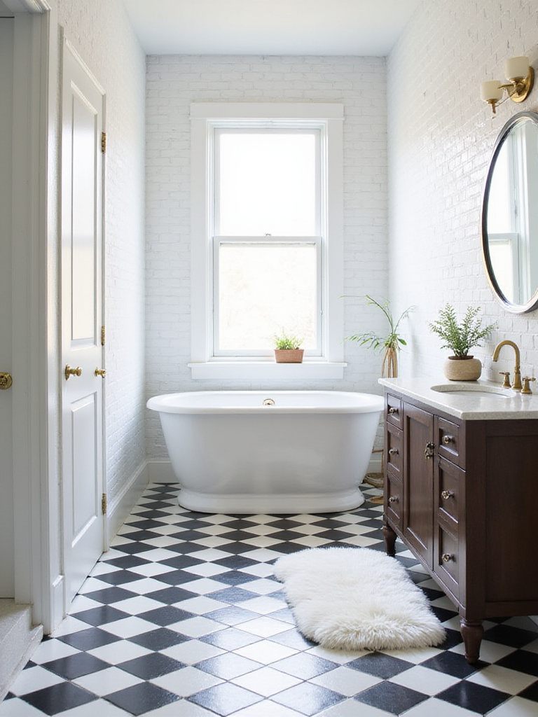 Bathroom with black and white checkerboard tile floor and white subway tile walls.