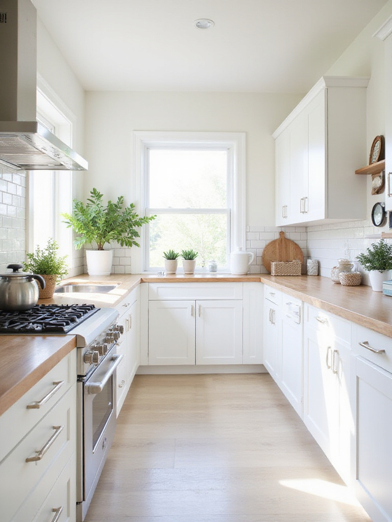 Bright and airy kitchen with white cabinets and light wood countertops