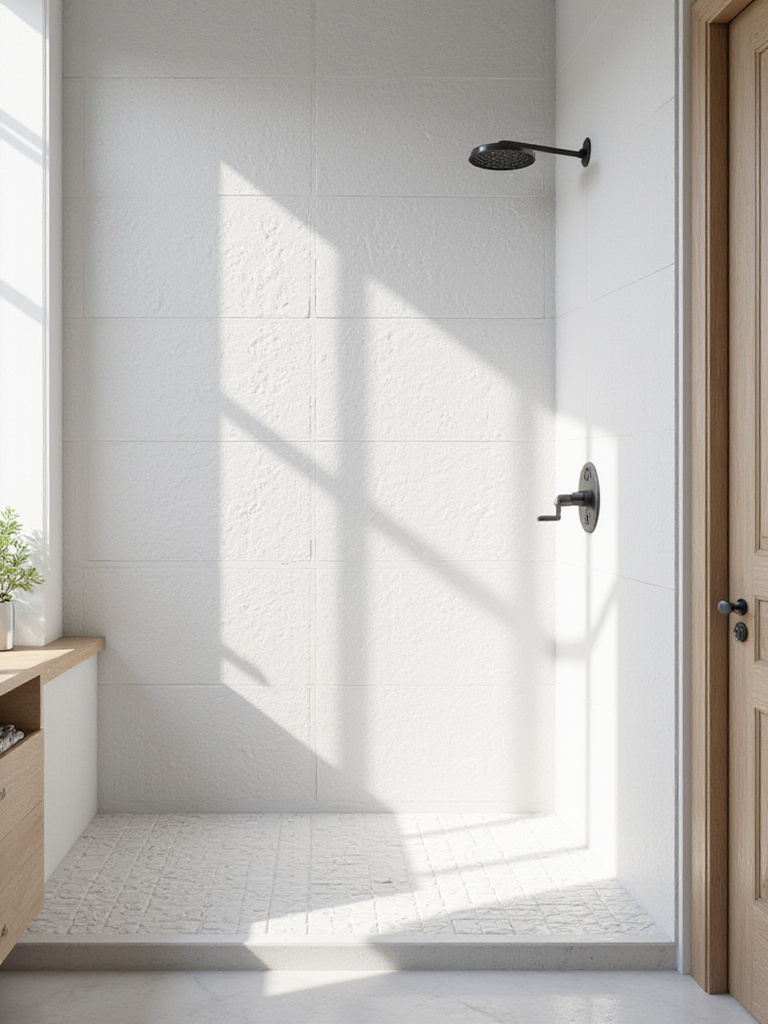 Bathroom shower with textured 3D white tiles