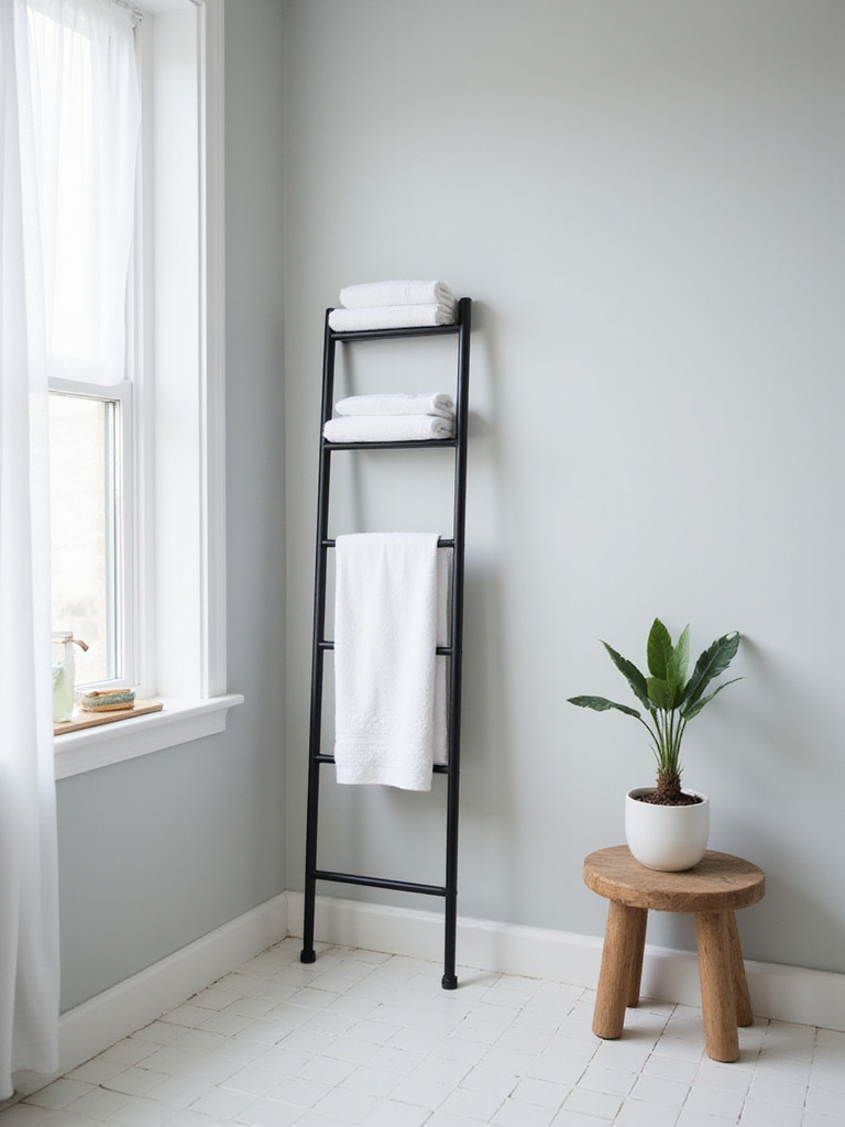 Small bathroom with a black metal towel ladder holding white towels.