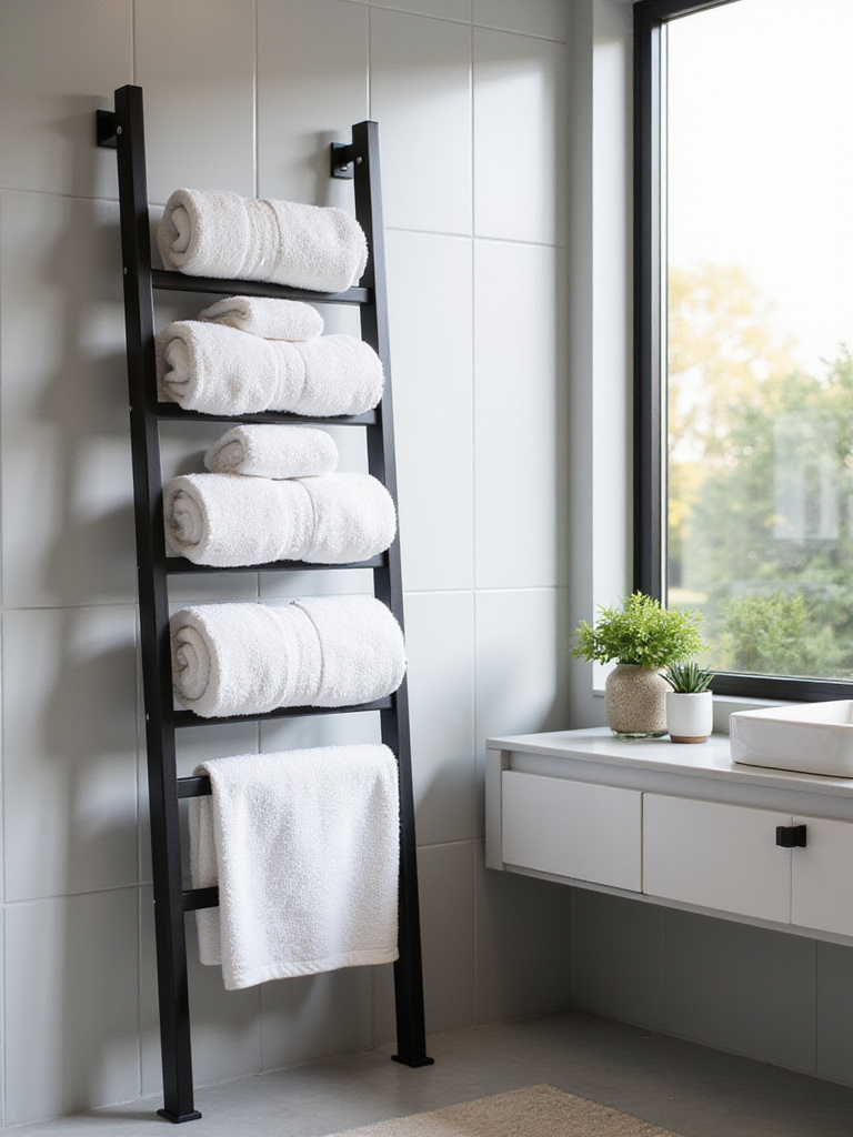 Sleek matte black ladder towel rack with white towels in a modern bathroom.