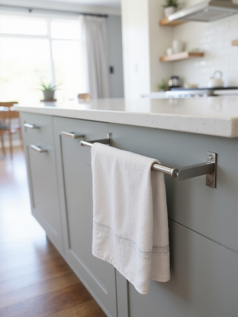 Modern kitchen island with built-in stainless steel dish towel rack