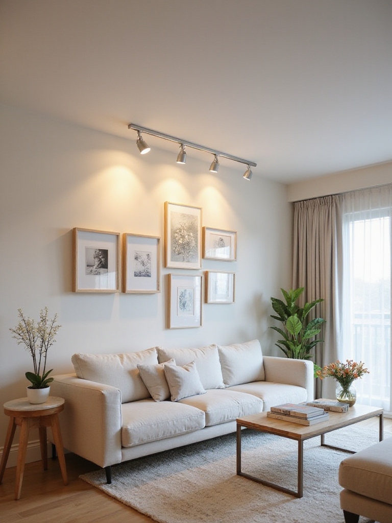 Modern living room with track lighting illuminating a gallery wall.