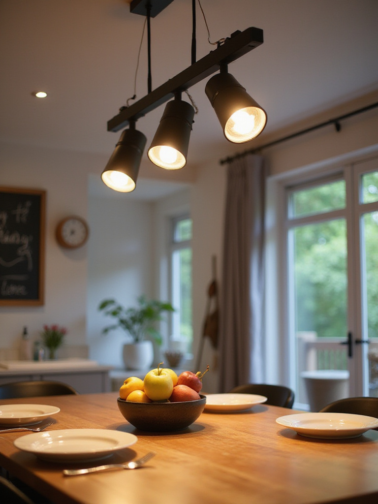Kitchen table illuminated by adjustable track lighting highlighting different areas of the table and nearby chalkboard wall.